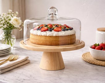 11.5” Wooden Cake Stand with Glass Cloche, Pedestal Dessert Stand for Cakes, Pastries & Cupcakes