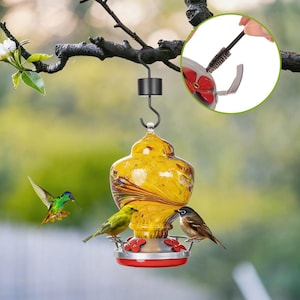May include: A hanging hummingbird feeder with a yellow and orange swirled glass reservoir, a silver base with red flower-shaped feeding ports, and metal perches. An inset shows a small black cleaning brush being inserted into a feeding port.