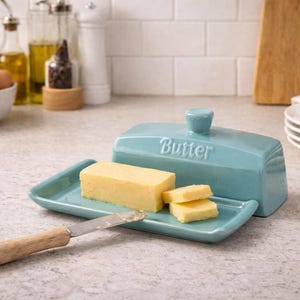 May include: A light blue ceramic butter dish with the word "Butter" embossed on the lid. The dish holds a rectangular block of butter and two smaller pieces. A butter knife with a wooden handle rests on the tray.