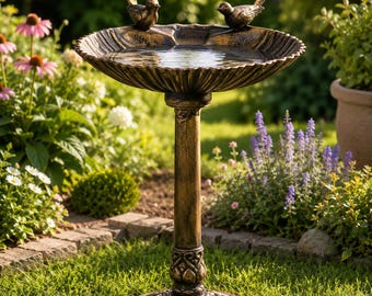 Solar Fountain Bird Bath Outdoor Bird Bath with Solar Water Fountain Garden Bird Bath Bronze Yard Decor - Resin material