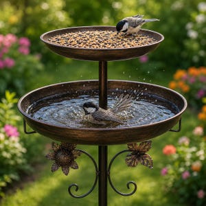 42" Metal Bird Bath & Bird Feeder, Double Bowl Freestanding Outdoor Bird Bath, Antique Bronze Garden Birdbath with Heavy Duty 5-Prong Base