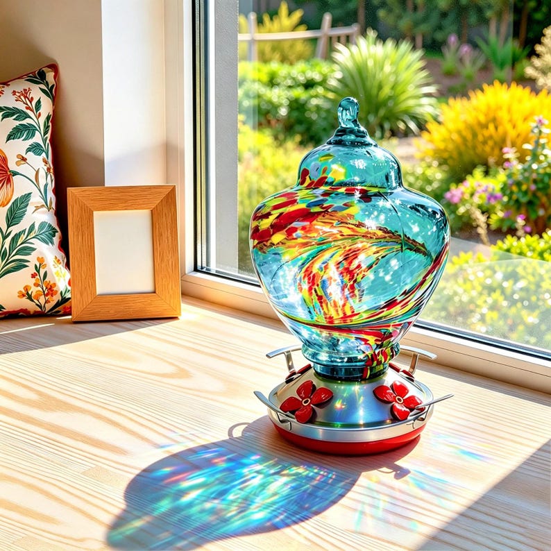 May include: A hummingbird feeder with a translucent teal glass reservoir featuring swirling patterns of red, yellow, and blue. The base is metallic silver with red flower-shaped feeding ports and a circular red tray, casting a colorful light reflection.