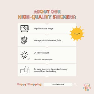 May include: A graphic with information about high-quality stickers. The graphic features icons for high-resolution image, waterproof and dishwasher safe, UV-ray resistant, and easy removal from the backing. The text "ABOUT OUR HIGH-QUALITY STICKERS:" is at the top of the graphic. The text "Happy Shopping!" is at the bottom of the graphic.