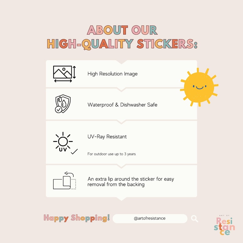 May include: A graphic with information about high-quality stickers. The graphic features icons for high-resolution image, waterproof and dishwasher safe, UV-ray resistant, and easy removal from the backing. The text "ABOUT OUR HIGH-QUALITY STICKERS:" is at the top of the graphic. The text "Happy Shopping!" is at the bottom of the graphic.