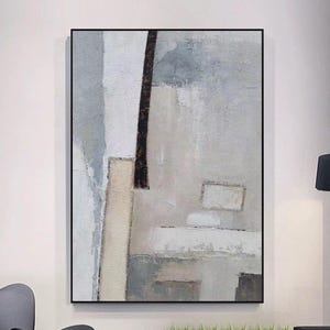 Scandinavian Style Abstract Wall Art – Minimalist Vertical Textured Canvas Painting in Beige and Gray for Modern Neutral Decor