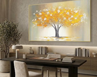 Golden Tree Textured Painting, Large Horizontal Wall Art 50x100”, Warm Yellow Gray Abstract Tree Artwork, Luxury Impasto Decor