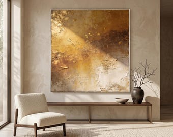 Abstract Gold Brown Painting, Textured Knife Impasto Canvas, Original Minimalist Luxury Wall Art 64x64", 7colorartCreations