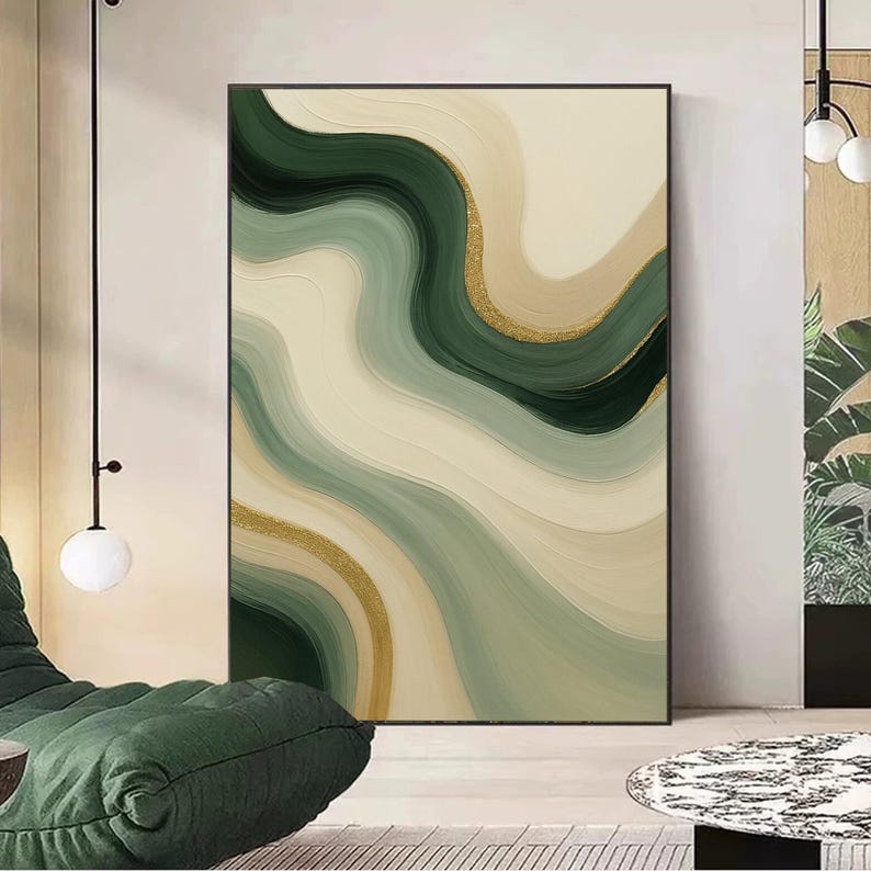 Sage Green and Champagne Gold Abstract Wall Art, Forest Wave Painting ...