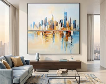 Original Abstract City Skyline Painting, Large Wall Art 64x64”, Textured Urban Landscape, Luxury Neutral Impasto Canvas Decor,Office Decor
