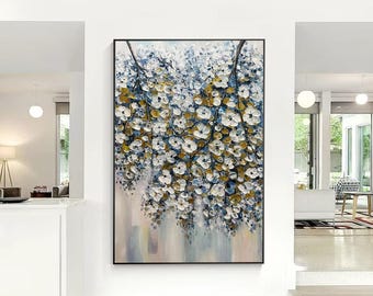 Textured Blue and Gold Floral Painting: 3D Abstract Acrylic Canvas Art
