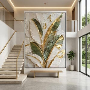 May include: A large rectangular wall art piece featuring a textured, three-dimensional relief of tropical leaves. The artwork displays a color palette of white, sage green, and metallic gold, with thick impasto paint strokes creating depth.