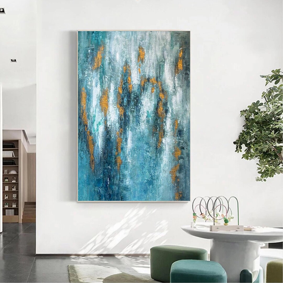 Original Abstract Painting, Teal Gold Wall Art, Modern Textured Canvas ...