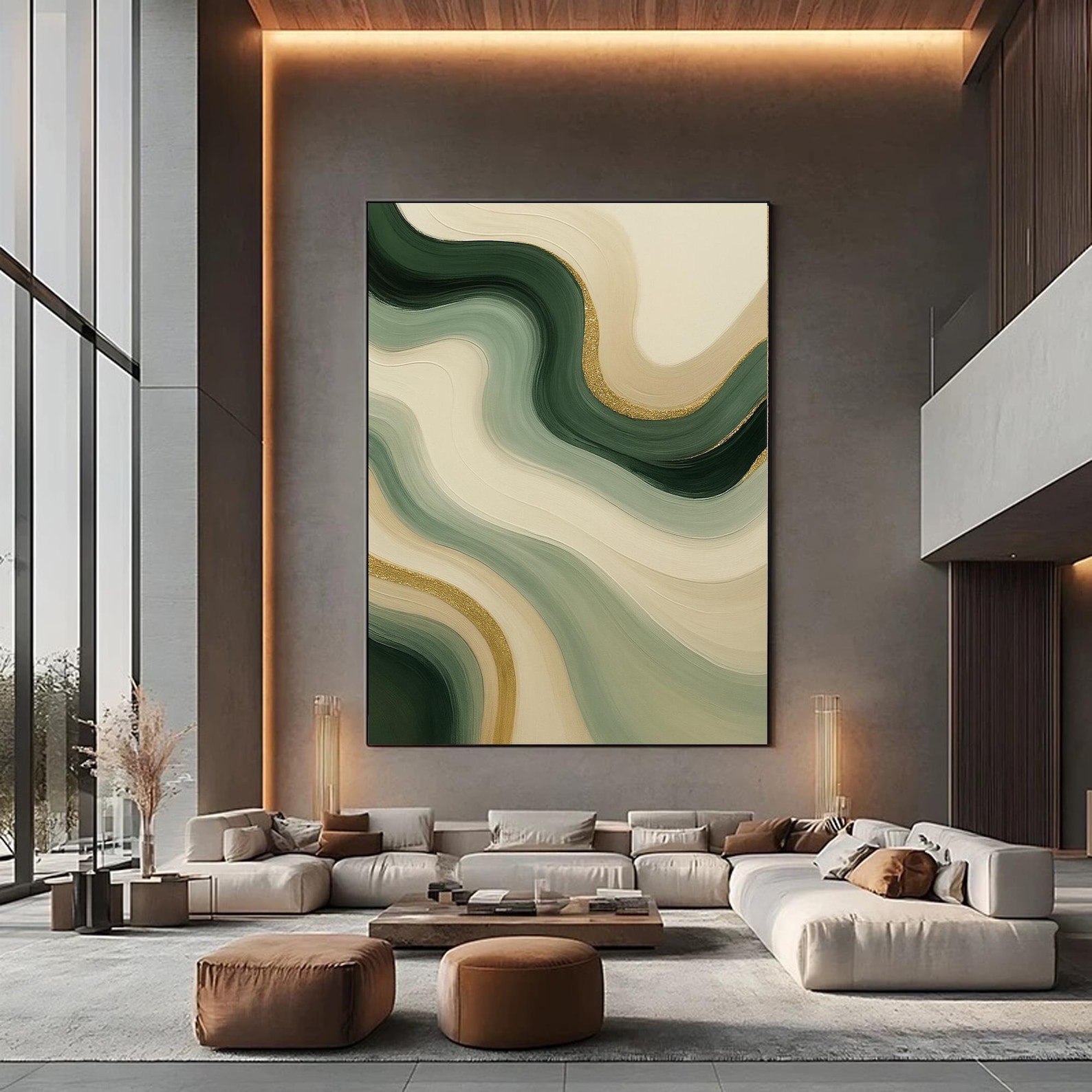 Sage Green and Champagne Gold Abstract Wall Art, Forest Wave Painting ...