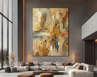 Gold Abstract Textured Painting: 3D Palette Knife Canvas Art