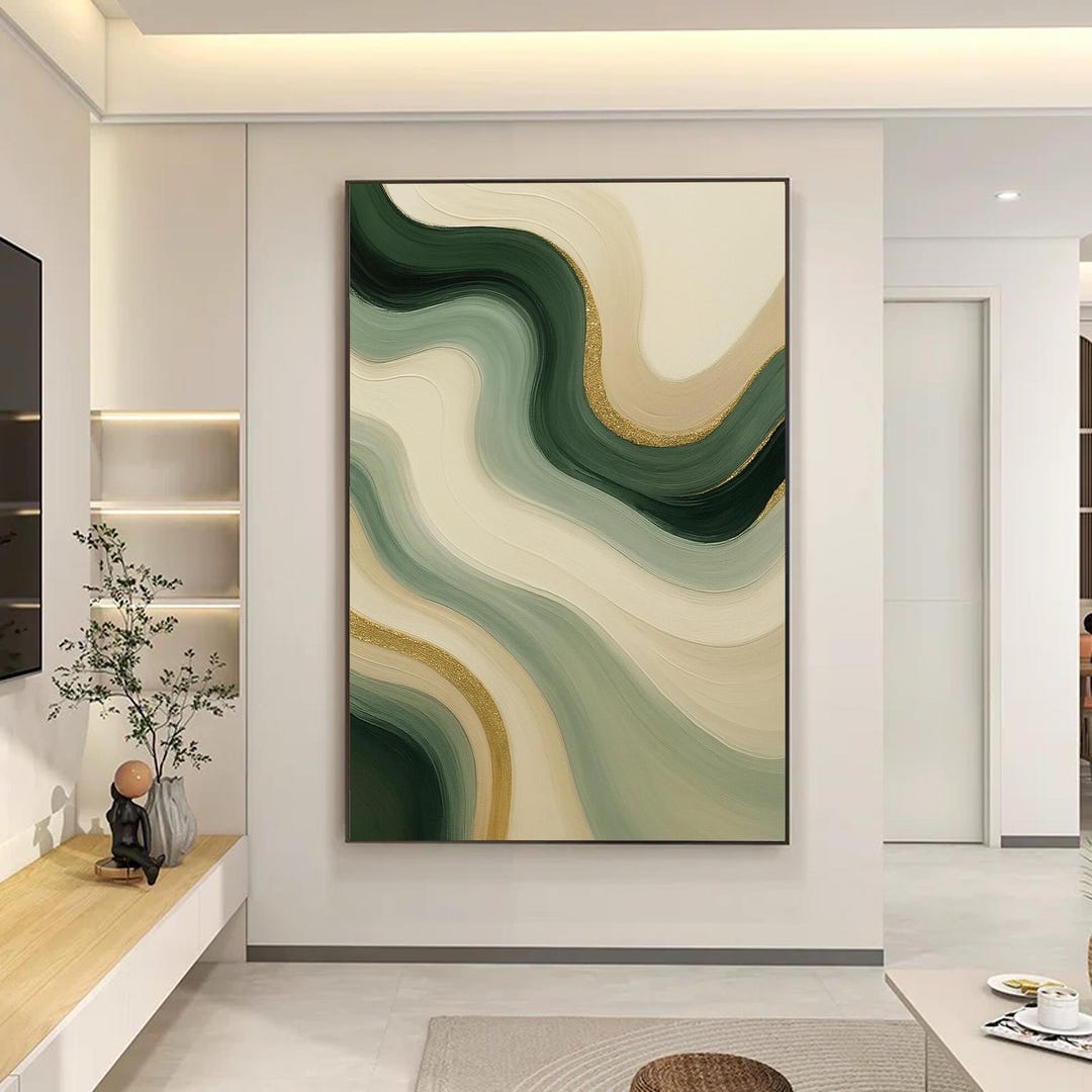 Sage Green and Champagne Gold Abstract Wall Art, Forest Wave Painting ...