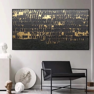 Black and Gold wall art 3D Textured Painting Black painting extra Large Gold  Abstract Painting Black Abstract wall art living room decor
