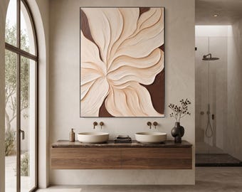 Original Abstract Floral Art,Cream Beige Art,Knife Painting Technique Impasto Art,Modern Botanical Art,Neutral Luxury Boho Minimalist Canvas