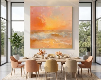 Original ocean wave artwork 40x40" with coral orange sky and soft gray blue sea, knife painting technique textured wall art for coastal home
