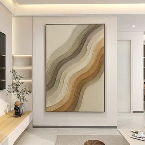Minimalistische gewellte abstrakte Wandkunst, 3D strukturierte Erdton-Malerei, beige handgemachte Leinwandkunst, modernes neutrales Liniendekor