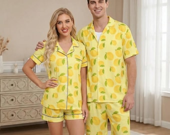 Lemon Matching Couple Pajama Set | Silky Summer Loungewear | Short Sleeve Pajamas for Couples