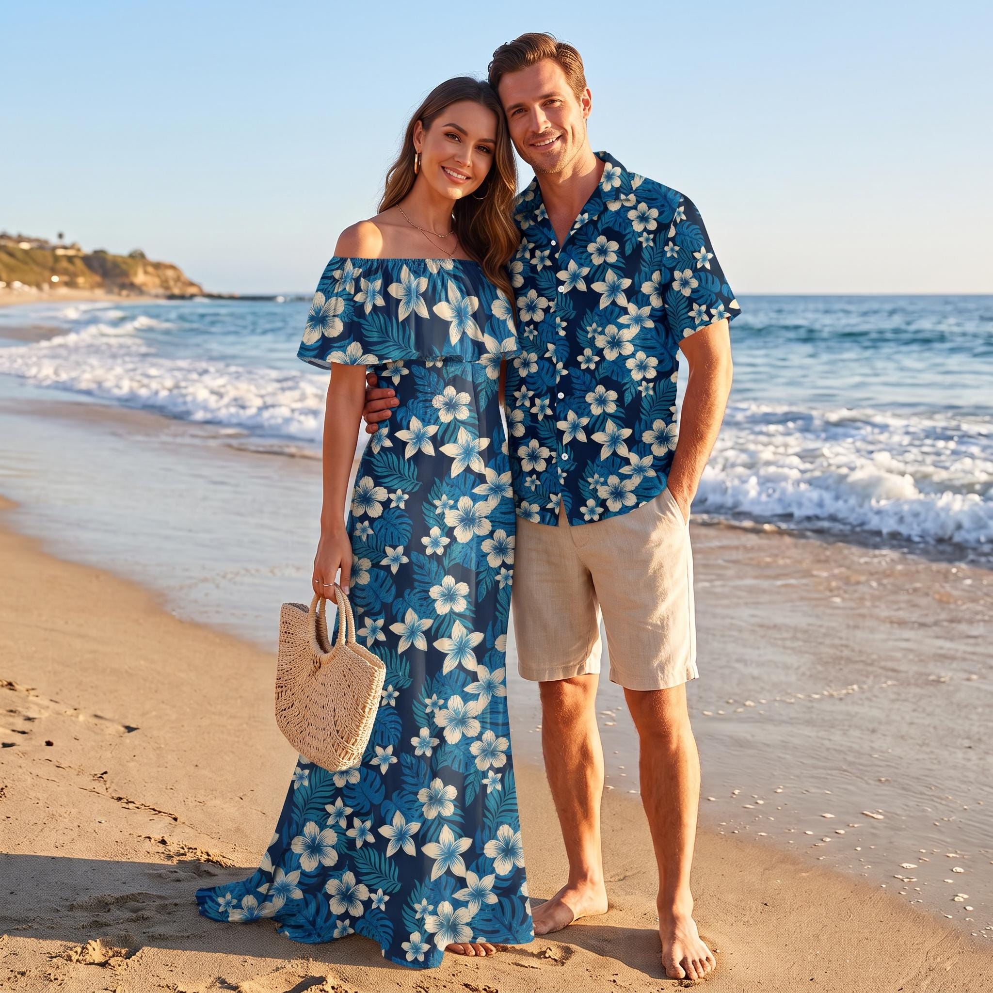 couple beach wear dress Hibiscus Outfit – Matching Navy Off-shoulder Maxi & Hawaiian Shirt | White Floral Tropical Vacation Clothes for Couples Pay With:250 Qs (Silkroll Fee: $6.25)