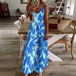 Blue Wavy Pattern Maxi Dress | Long Flowy Dress for Women | Elegant Casual Style | Lightweight & Breathable