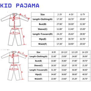 Puede incluir: Diagrama de un conjunto de pijama para ni&ntilde;os con medidas en pulgadas. El texto "KID PAJAMA" est&aacute; en la parte superior. Las medidas incluyen largo de la ropa, busto, manga, largo del pantal&oacute;n, caderas y cintura. (1 inch = 2.54 cm)