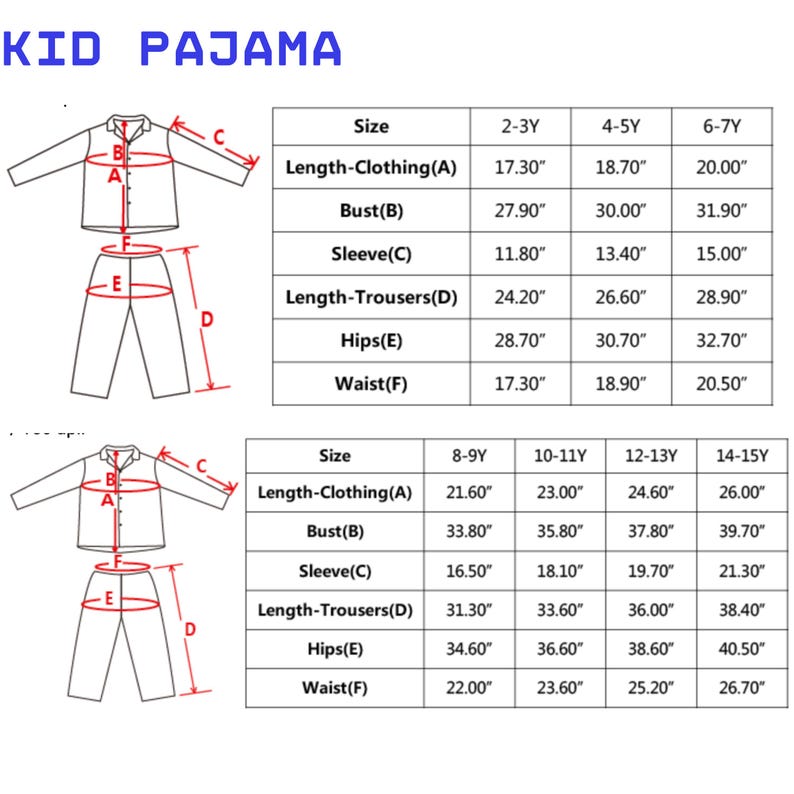 Puede incluir: Diagrama de un conjunto de pijama para ni&ntilde;os con medidas en pulgadas. El texto "KID PAJAMA" est&aacute; en la parte superior. Las medidas incluyen largo de la ropa, busto, manga, largo del pantal&oacute;n, caderas y cintura. (1 inch = 2.54 cm)