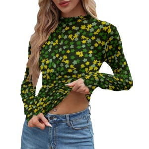 Sheer Mesh Long Sleeve Women’s T-shirt – Dark Green Floral Print, Lightweight See-Through Skinny Fit Top