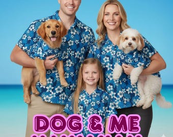 Conjunto hawaiano a juego para familia y mascota – Edición hibisco azul marino / Dog and Me