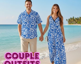 Completo coordinato con ibisco blu tropicale / Abito lungo da donna e camicia hawaiana da uomo / Set da spiaggia per coppie