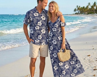 Conjunto a juego para pareja con estampado floral azul marino: vestido largo con hombros descubiertos para mujer y camisa para hombre / Elegante conjunto de playa.