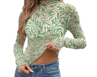 Green Leaf Botanical Mesh Top | Women’s All-Over Print Sheer Long Sleeve Shirt | Lightweight See-Through Nature Pattern Tee