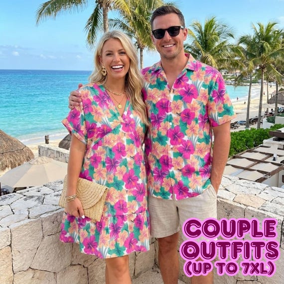 Colorful Hibiscus Matching Couple Outfit  Men's Hawaiian Shirt & Women's  A-line Dress | Plus Size up to 7XL | Tropical Vacation Set - Etsy Israel