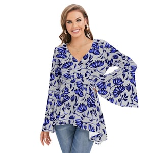 Elegant Blue Oriental Floral V-Neck Blouse with Flared Sleeves