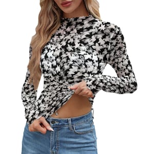 Sheer Mesh Long Sleeve Women’s T-shirt – Black Base White Floral Print, Lightweight See-Through Skinny Fit Top