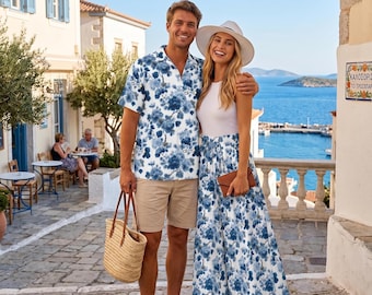 Blaue orientalische Paar-Outfits - Damenhose mit weitem Bein & Herren-Hawaiihemd | Tropische Blumenresort-Abnutzung | Sommer Urlaub Geschenk