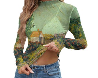 Top de manga larga de malla transparente para mujer / Camiseta transparente con estampado de paisaje artístico / Blusa de fiesta transpirable de corte entallado