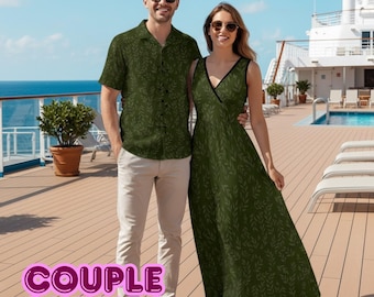 Abiti coordinati con foglie di ulivo / Abito lungo da donna e camicia hawaiana da uomo / Elegante set da resort per coppie