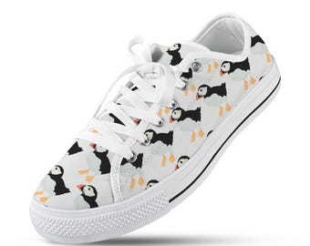 Puffin Print Canvas Sneakers: Low Top Bird Shoes