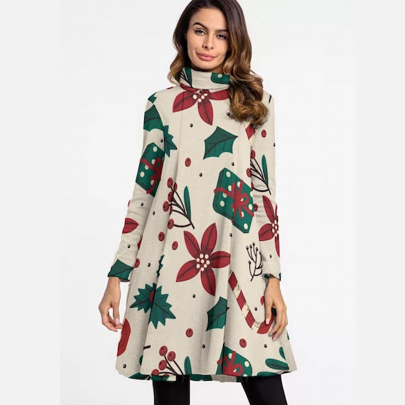 turtleneck christmas dress A-line | Women's High Neck Long Sleeve Holiday Dress | Festive All-over Print Winter Outfit red turtleneck dress sleeveless