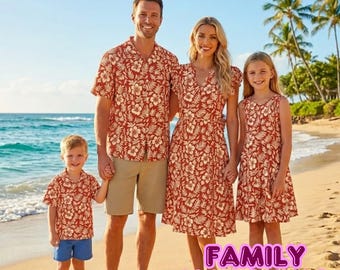 Abiti coordinati per la famiglia Red Hibiscus: abiti per mamma e figlia, camicie per papà e figlio / set per le vacanze con fiori tropicali