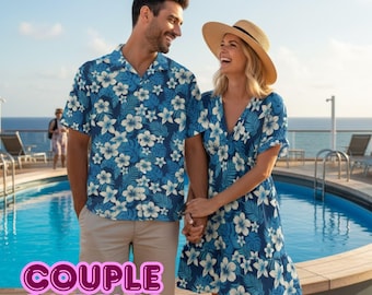 Navy Hibiscus Matching Couple Outfit – Men’s Hawaiian Shirt & Women’s A-Line Dress | Plus Size up to 8XL | Tropical Vacation Set