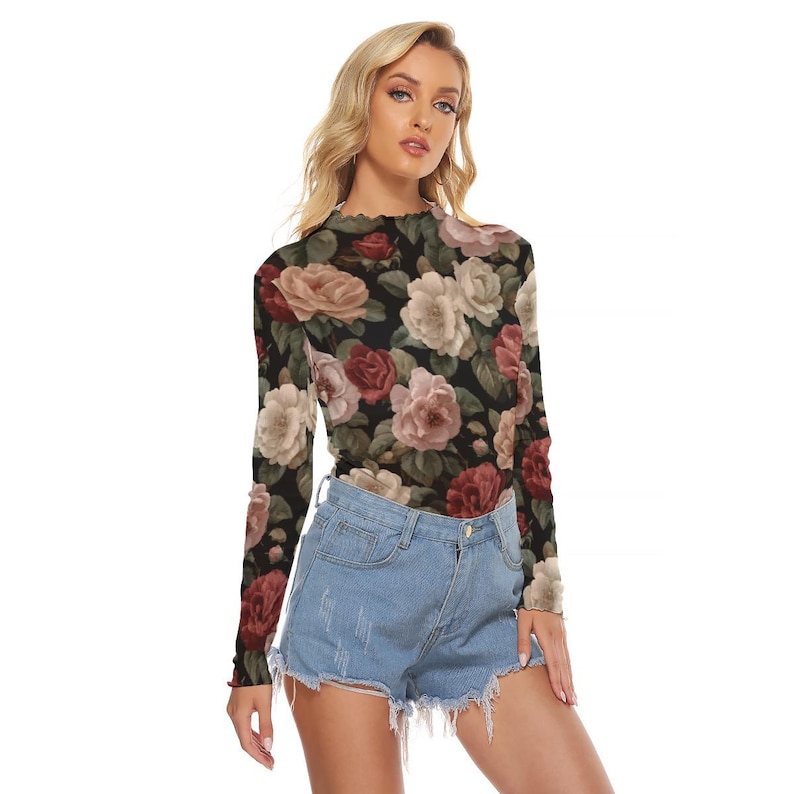 Rose Through Tee Vintage Rose Botanical Mesh Long Sleeve Top | Women’s Sheer Long Sleeve ...