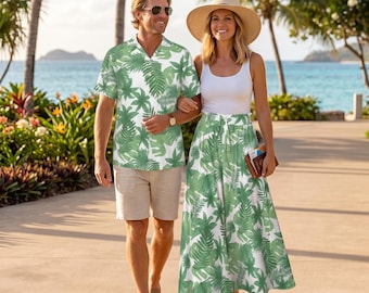 Conjunto a juego para pareja con estampado de hojas: pantalón ancho para mujer y camisa hawaiana para hombre / Ropa de playa / Regalo ideal para las vacaciones de verano