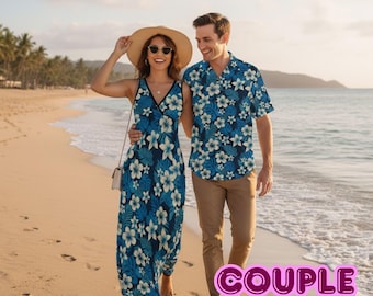 Abiti coordinati blu navy e ibisco / Abito lungo da donna e camicia hawaiana da uomo / Elegante set da resort per coppie