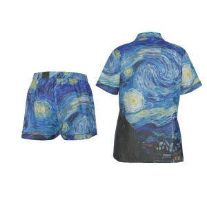 May include: A two-piece pajama set featuring a print of Van Gogh's "Starry Night." The set includes a short-sleeved button-down shirt and matching shorts. The design showcases the swirling blues, yellows, and whites of the iconic artwork.