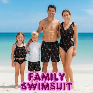 Flamingo Matching Family Swimsuit Set – Mom, Dad, Daughter & Son | Black Swimwear for Summer Vacations and Beach Photos