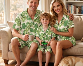 Conjunto de pijama familiar a juego Green Grape / Ropa de estar por casa de verano sedosa / Pijamas de manga corta para parejas y niños