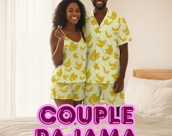 Matching Banana Pajama Set for Couples – Yellow Ice Silk Loungewear | Cute Summer Sleepwear for Him & Her | Fruit Print Nightwear